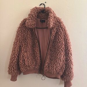 Zara Oversized Pink Fuzzy Zip Up Bomber Jacket